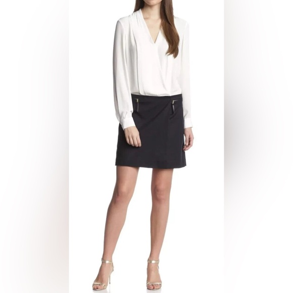 Adrianna Papell Dresses & Skirts - Adriana Papell Preppy Minimalist Long Sleeve White Blouse Navy Skirt Dress
